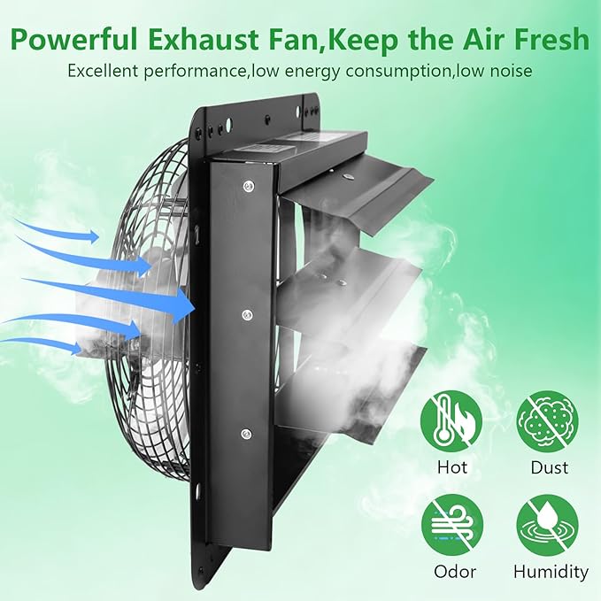 Shutter Exhaust Fan with Thermostat & Speed Control, 970 CFM,1700RPM, Upgrade 12 inch Wall Mount Attic Vent Fan for Chicken Coops, Greenhouse, Gable, Barn, Garage, Shed Ventilator