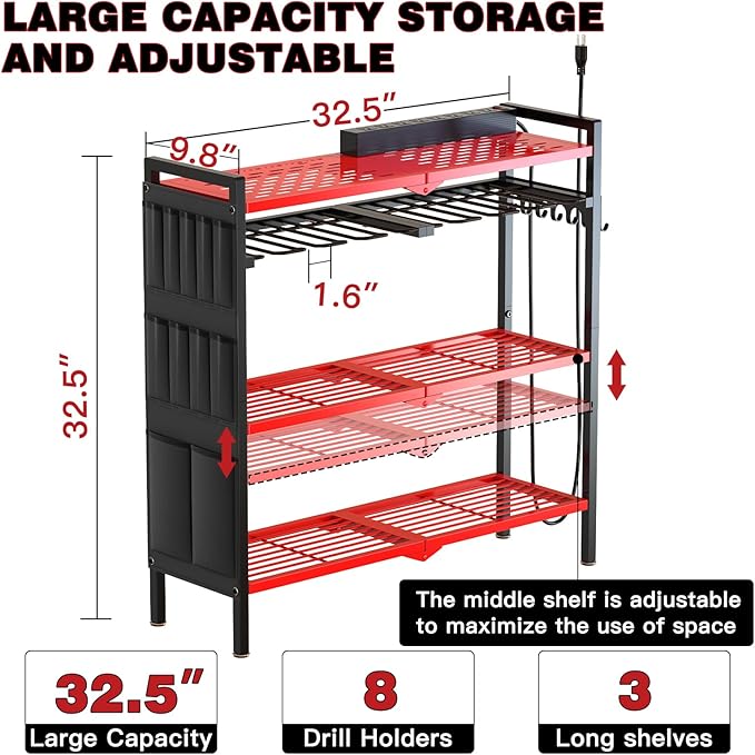 NattyDot Large Power Tool Organizer Cart with Charging Station 8 Drill Holder Garage Storage Standing Heavy Duty and Stability Storage Rack Utility Tool Shelf (Red)