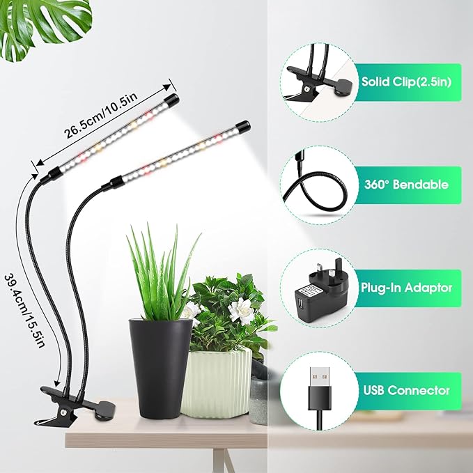 wolezek Grow Lights for Indoor Plants, 2 Pack 6000K LED White Plant Grow Lights Indoor, Full Spectrum Grow Lamp with Clip, Auto ON & Off Timer 6/12/16H, 3 Modes, 5-Level Dimmable Brightness