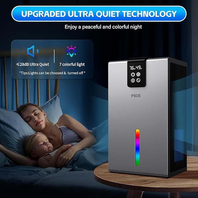 PSOS Dehumidifier, Dehumidifiers for Home, 98 OZ Water Tank, (1000 sq.ft) Quiet Dehumidifier for Basement Bathroom Bedroom with Humidity Display, Auto Shut Off, Relaxing 7 Color Ambient Light(Gray)