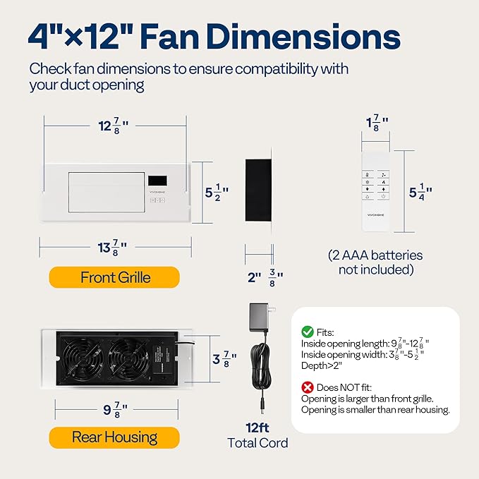 VIVOHOME Register Booster Fan - 4'' x 12'' Opening with Adjustable Louver - Smart Thermostat & 10-Speed WIFI App Control - AC Vent Fan for Floor, Ceiling, Wall - Quiet Operation (White)