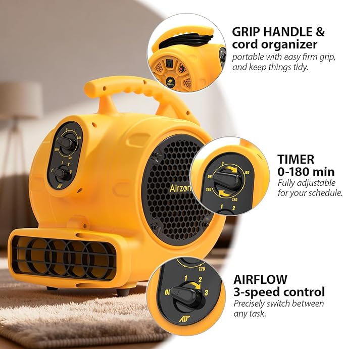 Air Mover, 1100 CFM 1/4 HP 200W Blower Fan, Floor Fan Heavy Duty with 3 Speeds and Timer, Stackable Air Blower, Utility Fan for Carpet, Floor Drying and Water Damage Restoration, YELLOW