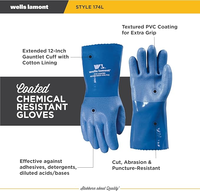 Wells Lamont Heavy Duty Rubber Gloves with PVC Coating, Chemical and Abrasion Resistant, Waterproof, 12-Inch Cuff, Large, Blue (174L)
