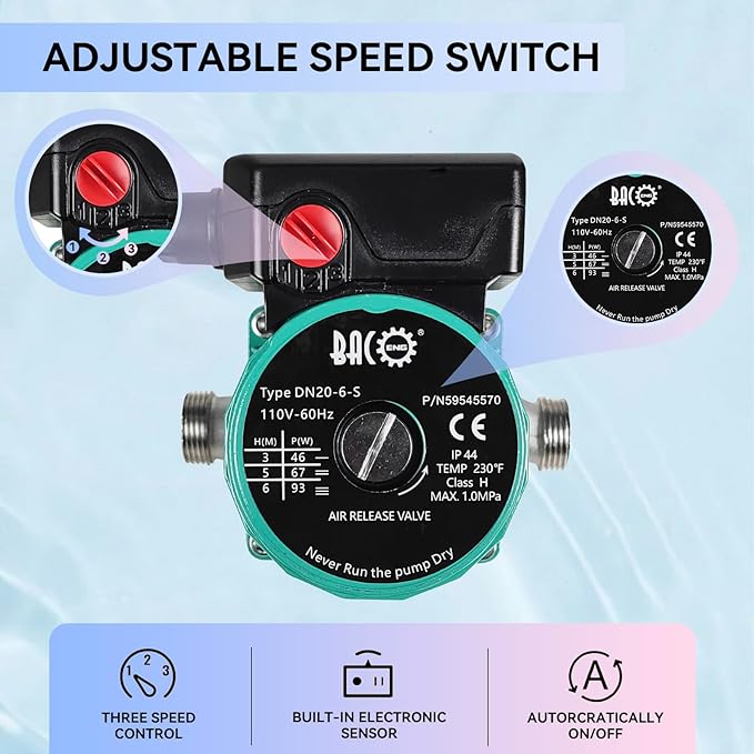 BACOENG Hot Water Recirculating Pump, 3/4" NPT 110V Automatic Circulating Pump for Water Heater Stainless Steel Head For Solar Heater (US Plug)