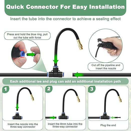 Quibbay 16.4Ft Drip Irrigation System, Automatic Garden Irrigation System with 360-degree Bending Dropper, Atomizing Watering Misting System with Copper Nozzle for Garden Plant Lawn Patio(5 Nozzles)
