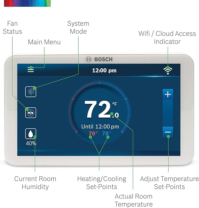 Bosch Large 5-Inch Full-Color Touch Screen Sleek Easy Setup Connected Control Smart Phone Wi-Fi Thermostat for 24V HVAC Systems with Bosch Connected Control App
