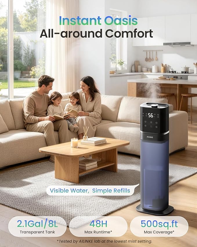 Humidifiers for Bedroom 2.1Gal/8L, Smart Humidifier for Large Room, Cool Mist Humidifiers for Home Kids Plants, Top Fill Humidifier with Extension Tube, WIFI APP & Voice Control, Blue