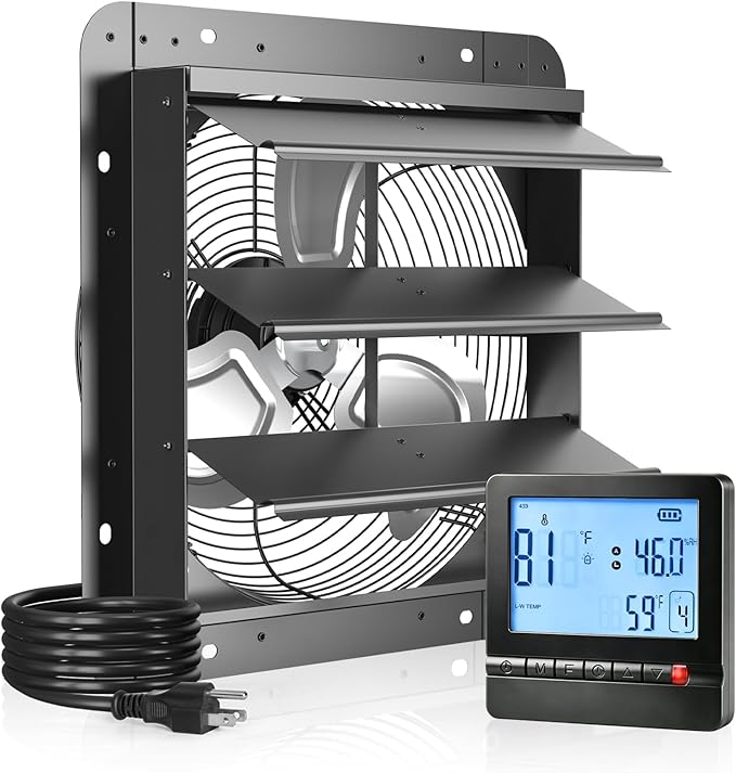 Amico 14 Inch Shutter Exhaust Fan with Thermostat And Humidity Control, 1588 CFM Attic Fan with 8-Speed Auto Adjust, 35W Brushless EC Motor Vent Fan for Greenhouse, Garage,Chicken Coop,Gable Wall Vent