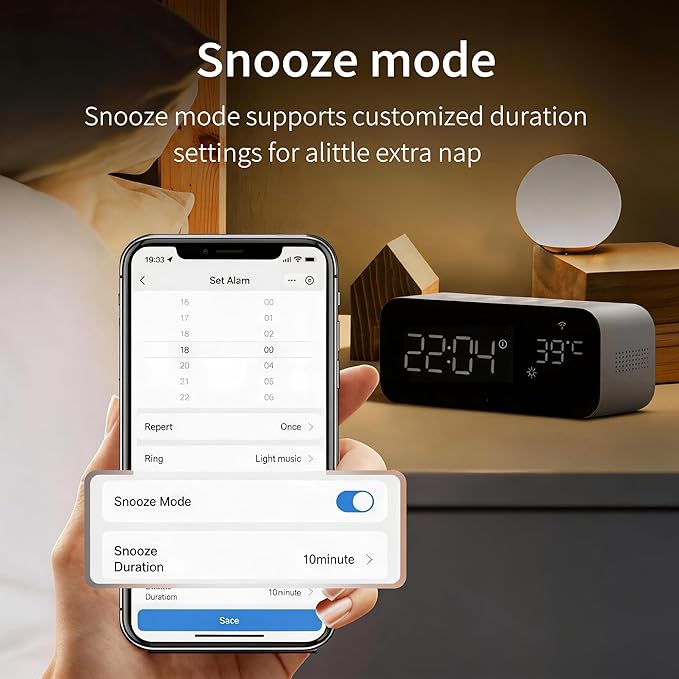 Smart Wifi Alarm Clock with Timer, USB 2A+1C Fast Charging, 2AC Smart Port, App Remote Control, Digital LED Large Screen Power-off Countdown Timer, Snooze Alarm, Time, Weather and Temperature Display