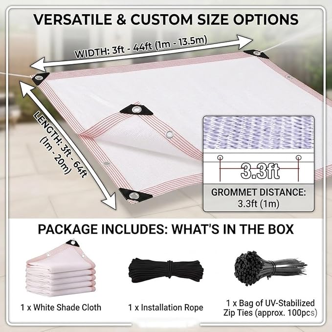 White Shade Cloth for Garden, 90% Mesh Tarp Heavy Duty with Grommets Sun Shade Cloth for Greenhouse, Plants Cover, Patio and Chicken Coops, White Shade Net for Outdoor UV Resistant(30x30ft)