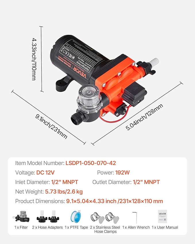 VEVOR RV Water Pump, 12V DC 5 GPM (18.9 L/min), 4-Chamber Self-Priming Diaphragm Water Pump with Automatic Pressure Switch, 70 PSI Max Pressure, On Demand for RV, Caravan, Marine, Yacht, Car Washing