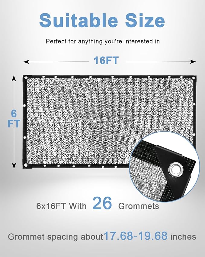 vensovo 95% Aluminum Shade Cloth - Reflective Aluminium Shade Netting Sun Shade Cover with Grommets for Cars, Dogs, Outdoor, RV, Patio (6x16FT)