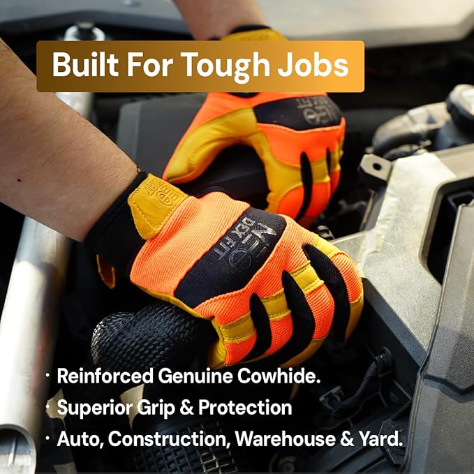 DEX FIT MG210P Mechanic Work Gloves, Waterproof Cowhide Leather Palm, Breathable Mesh Back, 3D Ergonomic Fit for Auto Repair, Construction, Gardening; Gold/Black XL 1 Pair