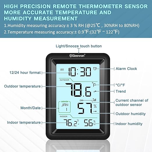 Geevon Wireless Indoor Outdoor Thermometer & Hygrometer with Remote Sensor – Digital Temperature & Humidity Monitor, Alarm, Snooze, 10s Backlight