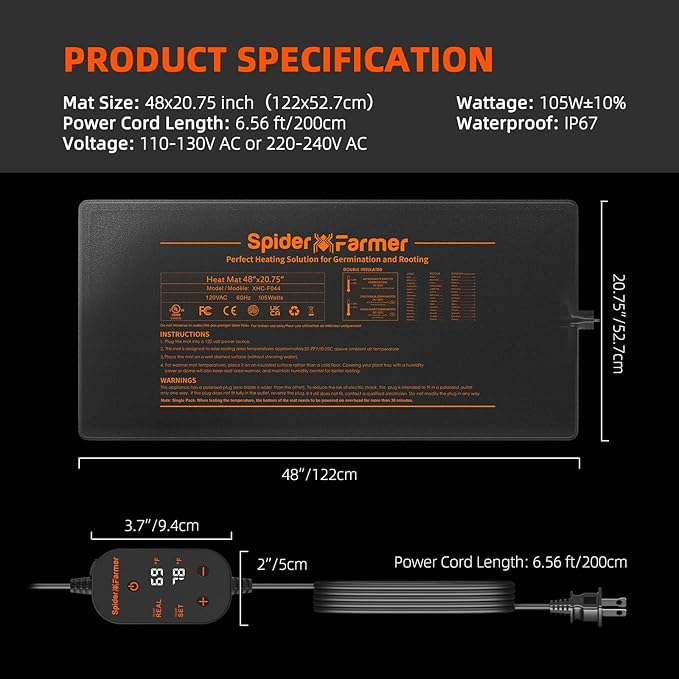 Spider Farmer Seedling Heat Mat 48"x20.75" Waterproof Plant Heating Pad with Built-in Temperature Controller for Indoor Seed Starting Germination Hydroponics Cutting Clone, Greenhouses and Brewing