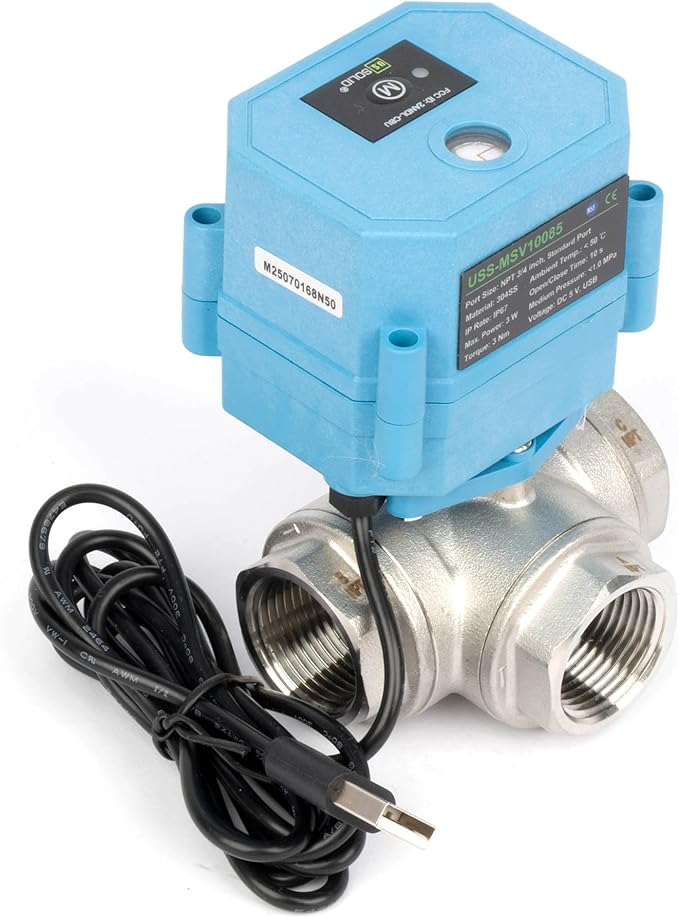 U.S. Solid WiFi Smart Motorized Ball Valve 3/4 inch NPT for Water Control & Irrigation, 3 Way 304SS Electric Valve, USB Plug, LED Indicator, Flow Direction Window, Remote On/Off Control, NSF Certified