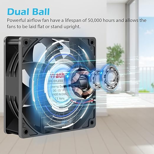 Wathai 120mm x 38mm 12V DC IP68 Waterproof Exhaust Fan, Dual Ball Bearing, 116 CFM, 3000 RPM, 6W, 2Pin for RV Refrigerator, Amplifier, Outdoor Equipment, Camper
