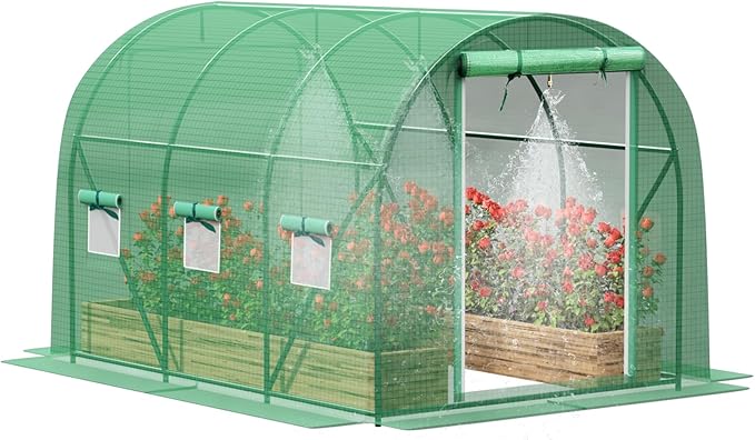 Greenhouse with Watering System, Outdoor Greenhouse with 6 Mesh Windows and 1 Door, Greenhouses with Drip Irrigation System for Plants, Seedlings, Flowers and Garden Raised Beds (10x7x7 FT)