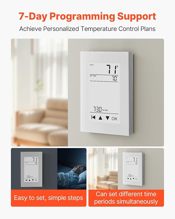 VEVOR 7-Day Programmable Thermostat Gray-White (Without WiFi) - for Radiant Underfloor Heating Cable & Heat Pump, GFCI & Sensitive Sensor, LCD Touchscreen, Energy-Efficient