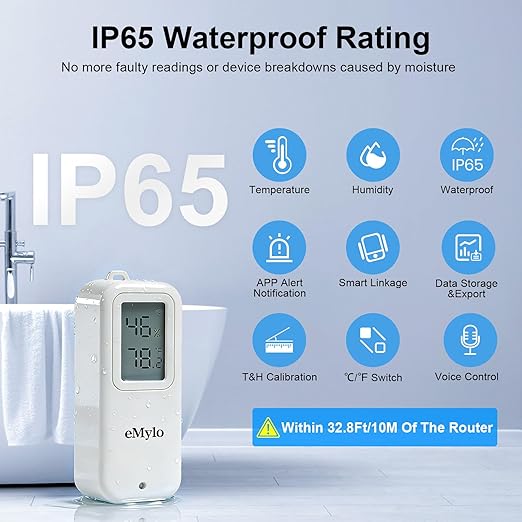 eMylo WiFi Thermometer Hygrometer, Smart Indoor Humidity Monitor for Room, IP65 Waterproof Digital Temperature Sensor with App Notification, Free Data Storage Export, Compatible with Alexa/Google Home
