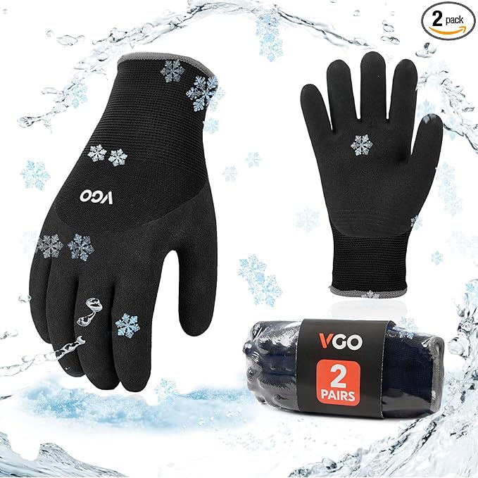 Vgo... 2-Pairs Freezer Winter Work Gloves, Double Lining Rubber Latex Coated for Outdoor Heavy Duty Work (Size L, Black, RB6032)