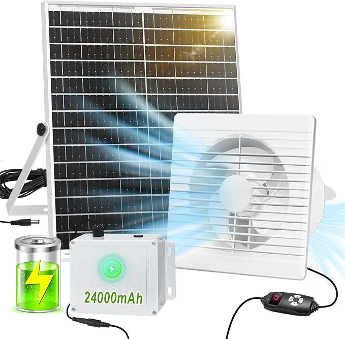 Solar Exhaust Fan with 24000mAh Battery Day & Night Work Fans, 25W 9.8" Solar Ventilation Fan for Chicken Coop with Timer, Waterproof Greenhouse Solar Powered Fan for Shed, Pet Houses, Outdoor Cooling