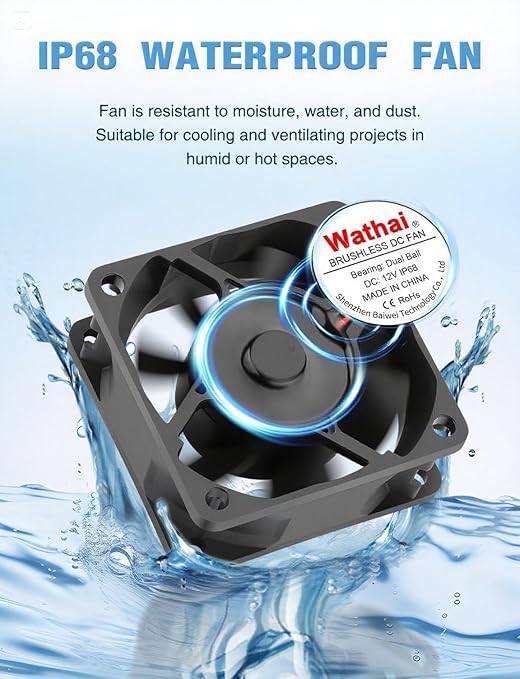 Wathai IP68 60mm x 25mm DC 12V Waterproof Cooling Fan 12 Volt Dual Ball High Speed DIY for Amplifier, RV Refrigerator, PSU, Electronic Components Equipment Ventilation