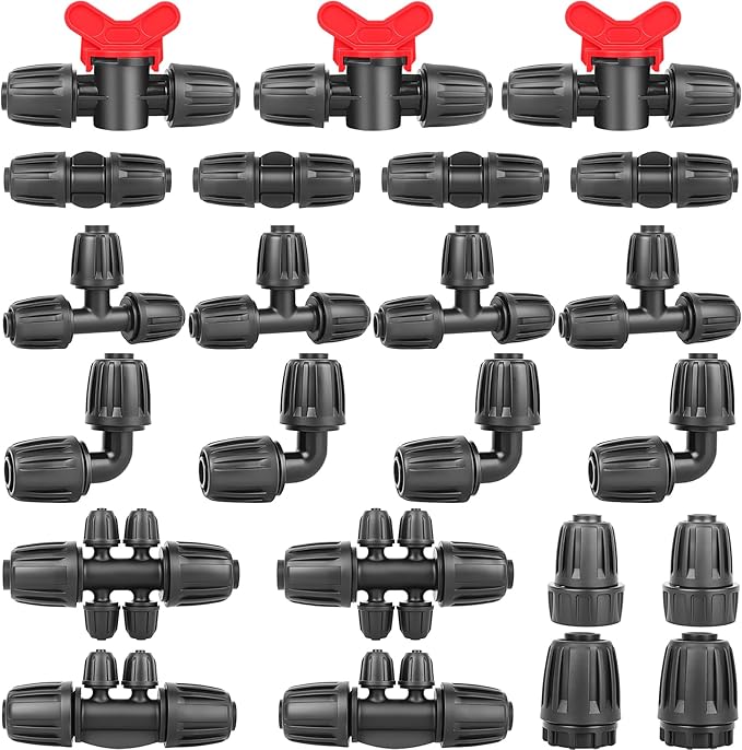 23PCs 1/2 Drip Irrigation Fittings for 1/2 & 1/4 Inch Tubing- Drip Irrigation Parts with 1/4 Reducer Connectors, 3/4 Garden Hose Adapters, Straight Tees, Couplings, Elbows,Valves, End Caps