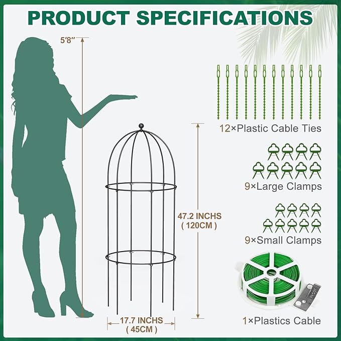 3 Pack Metal Plant Cage Support, 47" H Peony Support Tomato Cage Garden Rose Obelisk Trellis Supports Tower for Clematis Vine Jasmine Supports Outdoor Indoor