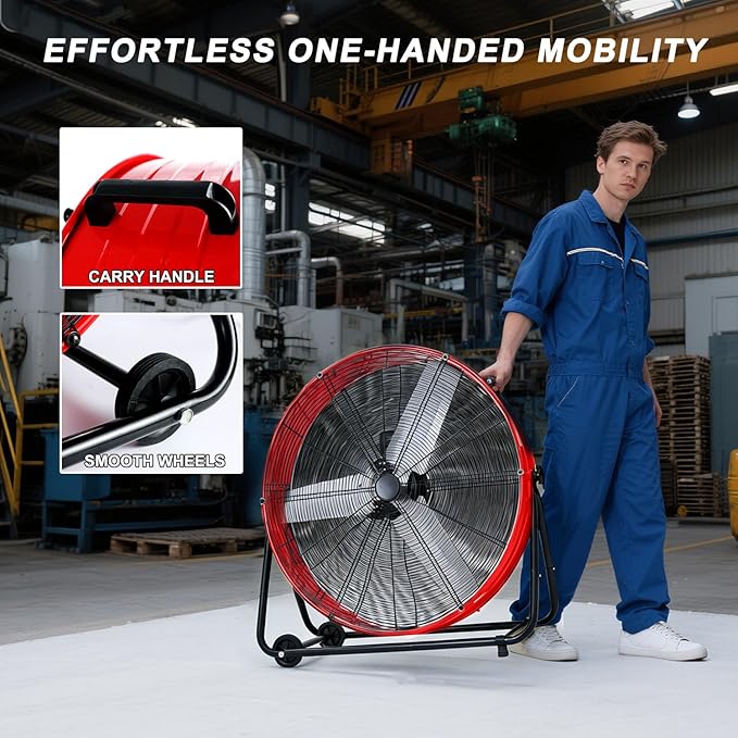 WARMLREC 24" Industrial Floor Fan, 8900 CFM High Velocity Drum Fan with 3 Speeds, Portable Heavy Duty Industrial Fan for Warehouse, Workshop, Factory, Commercial, Residential and Greenhouse Red