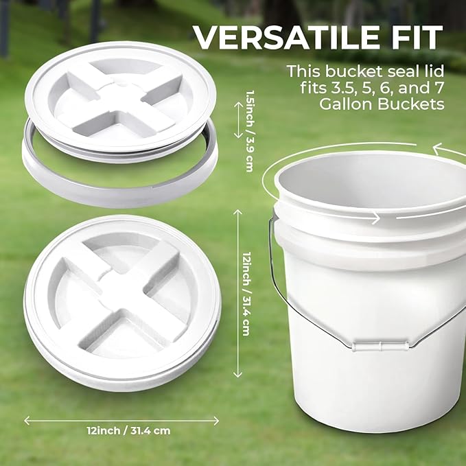 5-Gallon White Bucket Pail with Gamma Seal Screw on Airtight Lid, Heavy-Duty 90MIL Extra Durable, Food Grade, Metal Handles with Plastic Grip for Easy Carrying, Easy Stack & Store, BPA Free - 3 Pack