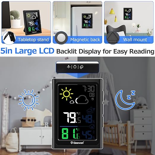 Geevon Indoor Outdoor Thermometer Wireless Weather Station with Color Display, Digital Hygrometer Temperature Humidity Monitor with Alarm Clock and Backlight