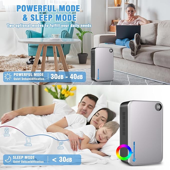 Dehumidifier, 95OZ Dehumidifiers for Home 1000 Sq.Ft, Quiet with Auto Shut Off, Humidity Display Dehumidifier for Bedroom/Bathroom, Timer, Drain Hose, 7-color LED light, Moisture Absorbers (Grey)