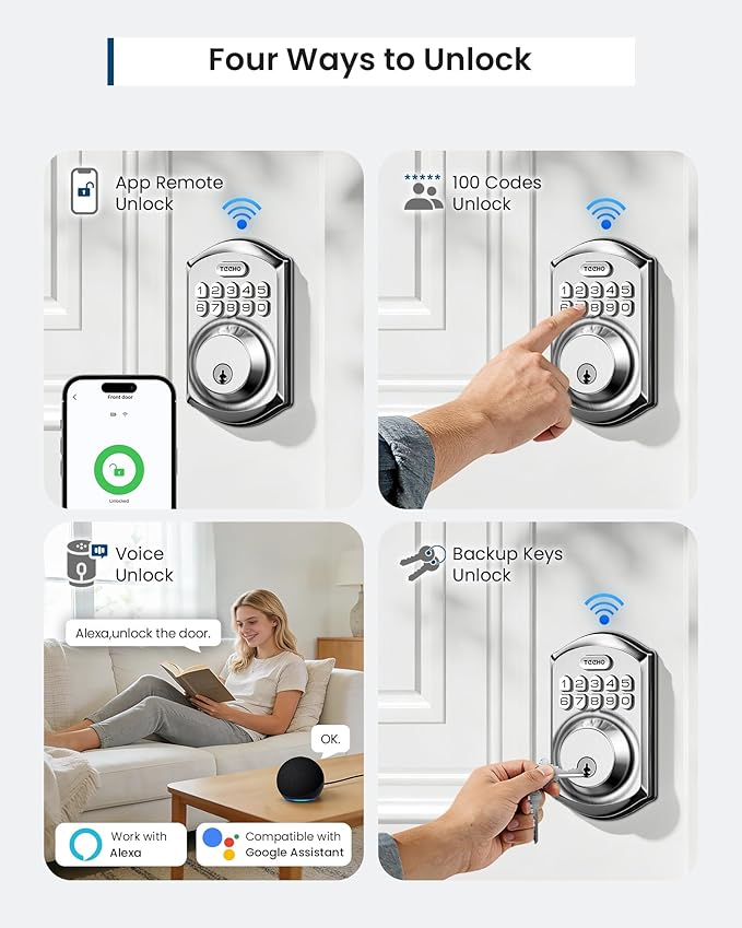 TEEHO TE011W Wi-Fi Keyless Entry Door Lock with Keypad - Smart Deadbolt Lock for Front Door with 2 Keys - Remote Control, Works with Alexa & Google, APP Unlock - Easy Installation - Satin Nickel