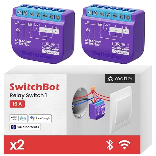 SwitchBot WiFi Switch Compatible with Alexa/Apple Home/Google Home/Matter (Hub Required), Power-Measuring Relay Switch Module with Integrated Bluetooth Repeater and Dry Contact, 2.4 GHz, 16 A