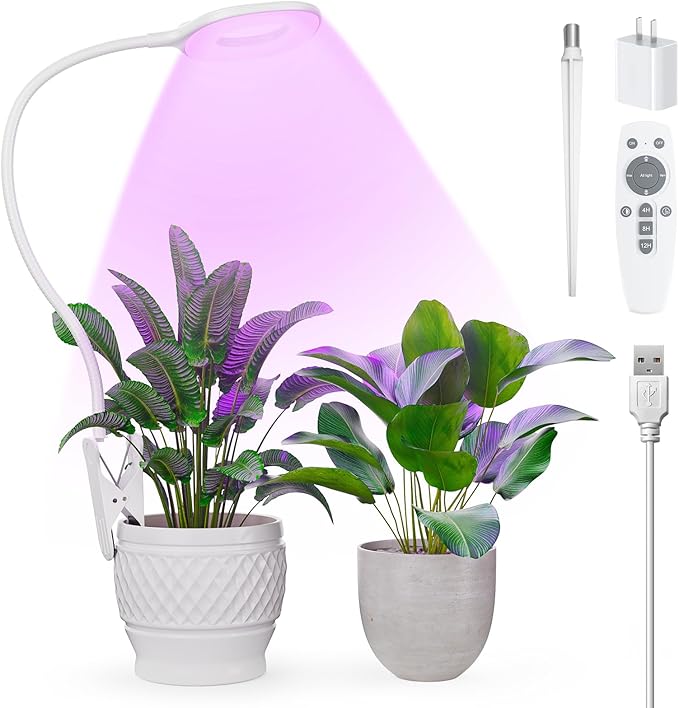 Full Spectrum Grow Lights for Indoor Plants, Clip On Plant Lights for Indoor Growing with 4/8/12H Timer, 3 Light Modes, 10 Dimmable Levels, Adjustable Gooseneck, Remote Control
