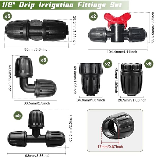 24 Pack 1/2 Inch Drip Irrigation Fittings Kits, 3/4" to 1/2" Adapter and Tee | Elbow | Coupler Connectors | End Caps | Shut Off Valve for 1/2" Drip Irrigation Tubing, Anti-Leak Drip Irrigation Parts