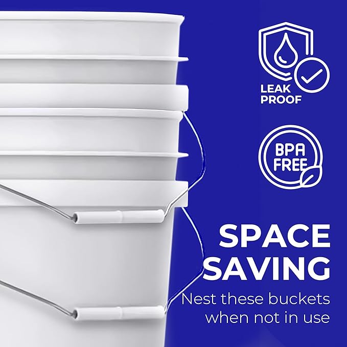 5-Gallon White Bucket Pail Container with Lid | Food Grade | Heavy-Duty 90MIL Extra Durable | Metal Handles with Plastic Grip for Easy Carrying | Multi-Use | Easy Stack and Store | BPA Free - 2 Pack