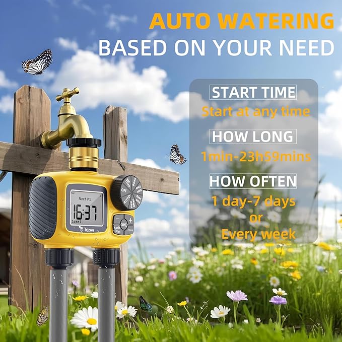 Sprinkler Timer Outdoor with Brass Swivel Water Timer for Garden Hose 2 Zone Programmable/Rain Delay/Manual/Automatic Irrigation Controller-Sprinkler System for Garden/Lawn/Yard/Pool