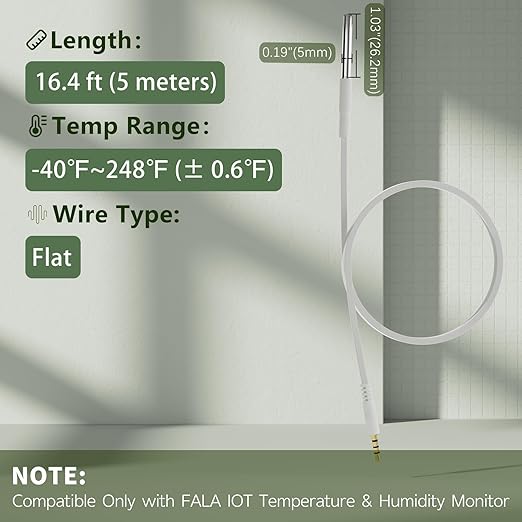 External Flat Temperature Sensor Probe – Waterproof, Wide Range (-40°F to 248°F), 16.4ft Length for Aquarium,Greenhouse, Farm, Freezer & Industrial Use, Only for FALA IOT Detector, 5 Meters