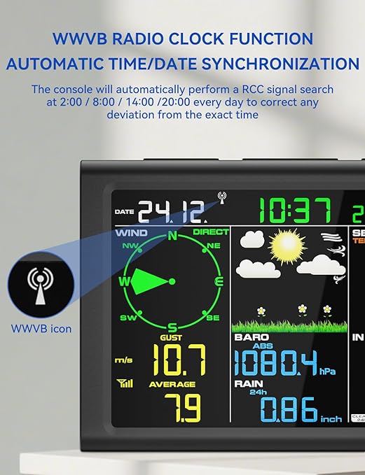 10-in-1 Wireless Weather Station,with Outdoor Sensor,Rain Gauge,Atomic Clock,Wind Speed/Wind Direction,Indoor Temperature and Humidity,Barometer,Weather Forecast, etc.(NO WiFi)