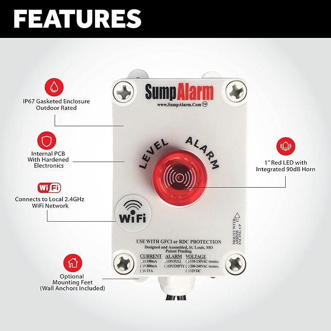 Sump Alarm WiFi Water Sensor, Wireless Sump Pump Alarm with 100 Float Switch for Indoor Outdoor Use, Weatherproof Water Detector Alarm with Free Email Alert, Audible Alarm and Server-Side Backup