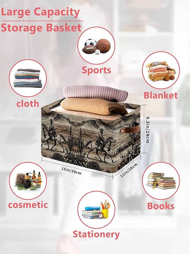 Brown Western Farmhouse Storage Bins Cubes Waterproof Cloth Storage Basket, Vintage Cowboys Cactus Foldable Storage Bags for Shelf Closet Clothes Storages Organizers with Handles 15x11x9.5 in 2PCS