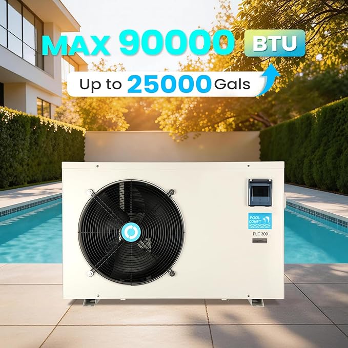 POOLCOMFT Inverter Electric Pool Heat Pump, Swimming Pool Heaters for Above Ground and Inground Pools Up to 25000 Gallons, Smart WiFi Control, Heating and Cooling Pool Heater