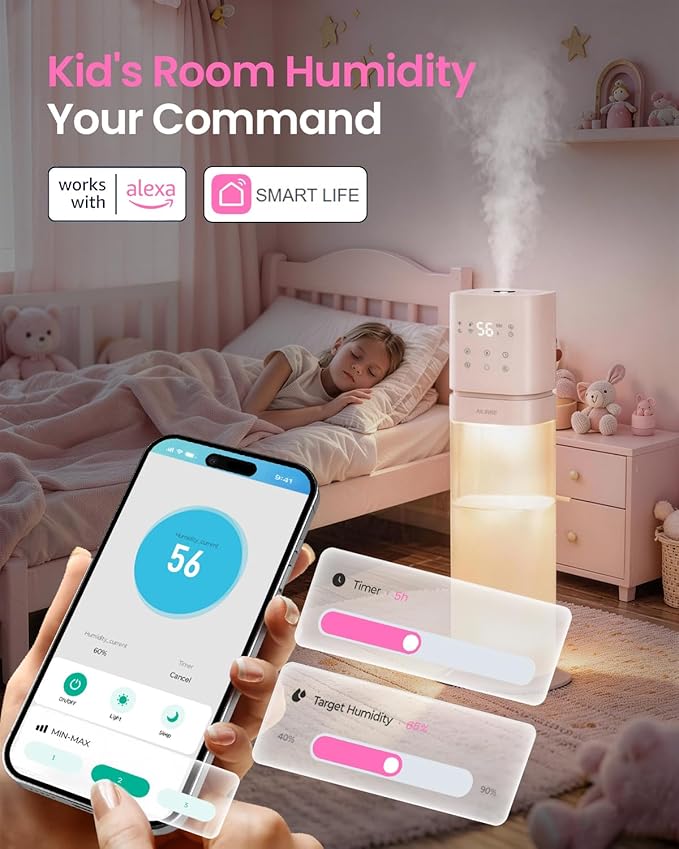 Humidifiers for Bedroom 2.1Gal/8L, Smart Humidifier for Large Room, Cool Mist Humidifiers for Home Kids Baby Plants, Top Fill Humidifier with Extension Tube, WIFI APP & Voice Control, Pink