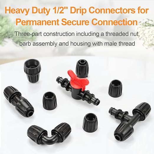 21 Pieces1/2 Inch Drip Irrigation Fittings Kit, 1/2'' Drip Line Barbed Locked Connectors for 1/2 Inch Irrigation Tubing (1/2" ID x 0.650" OD) Coupling Tee Elbow Plug Valve Faucet Adapter