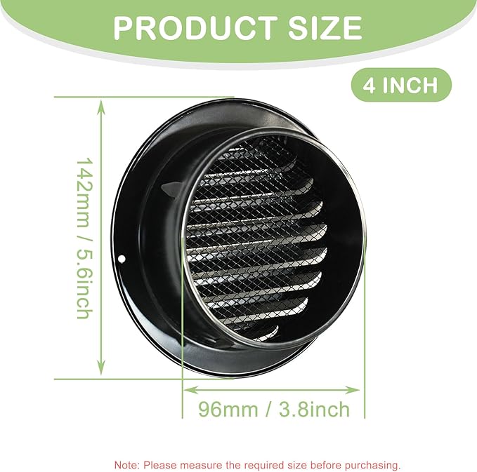 4 Inch Stainless Steel Air Vent Cover, FocuVenHom Black Soffit Vent Cover Louvered Grille Cover Hood Flat Ducting Ventilation Wall Vent with Built-in Fine Mesh for Garage, Apartment, RV