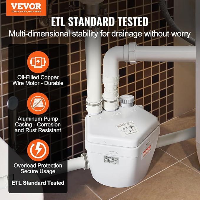 VEVOR 1/3 HP 120-Volt 1750 GPH Flow 18 ft Head Under-Sink Sump Pump System with Copper Wire Motor, Heavy-Duty Utility/Laundry Drain Pump, White