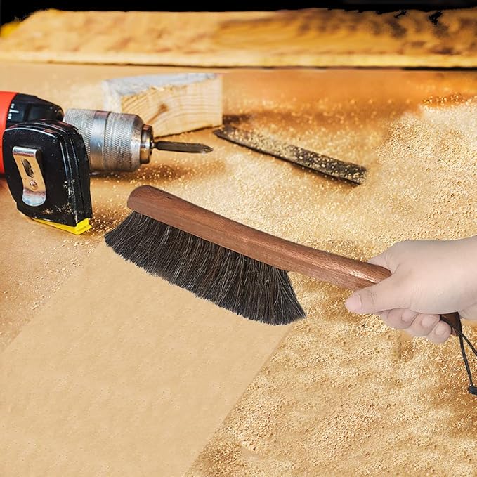 AMERWASH PLUS Counter Brush for Furniture, Drafting, Patio, Bed, Fireplace, Woodworking Cleaning, Horsehair Bristles Duster Wooden Handle Shop Brush, Hand Broom Brush - 2 Pack