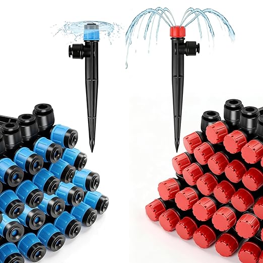 30 Pack Quick Connect Drip Emitters Set for 1/4" Irrigation Tubing, Adjustable 360 Degree Water Flow Irrigation Sprayer 15pcs Vortex Emitter+ 15pcs Stream Dripper for Garden Watering System